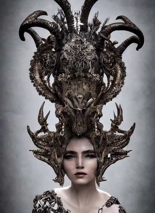 Image similar to a portrait of female by nekro borja, photorealistic, intricate details, hyper realistic, fantasy, elegant, baroque, horn, ram skull headpiece, photorealistic, photography, symmetrical features, symmetrical pose, wearable art, unreal engine,