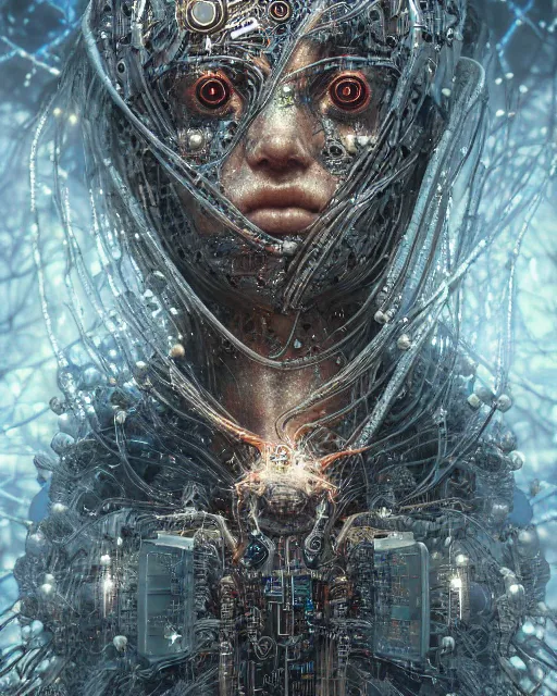 Image similar to timeless cybernetic deity with circuitry skin and networked mind tripping on acid, intricate detail, royo, whealan, giger, klimt, hd, octane render, unreal engine,