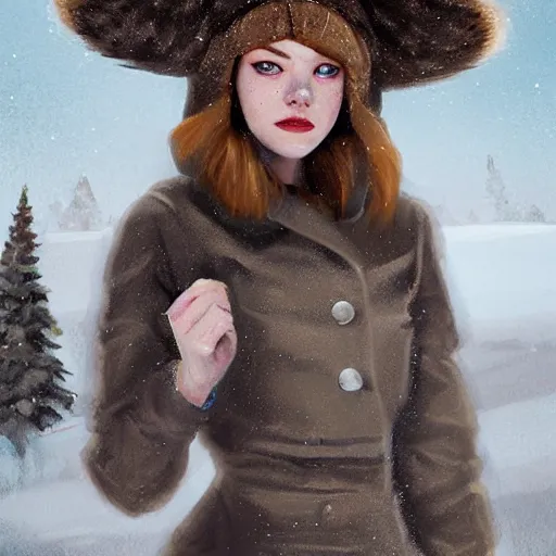 Prompt: emma stone in russian village wearing russian ushanka hat, by max masnyy, jakub gazmercik, beeple, patrick faulwetter, heavenlydaemonic, trending on artstation