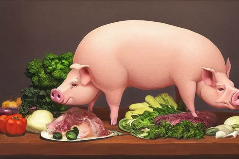 Prompt: a fake pig laying on top of vegetables on a table, a bronze sculpture by jeff a. menges, trending on pinterest, hyperrealism, hyper - realistic, hyper realism, playstation 5 screenshot