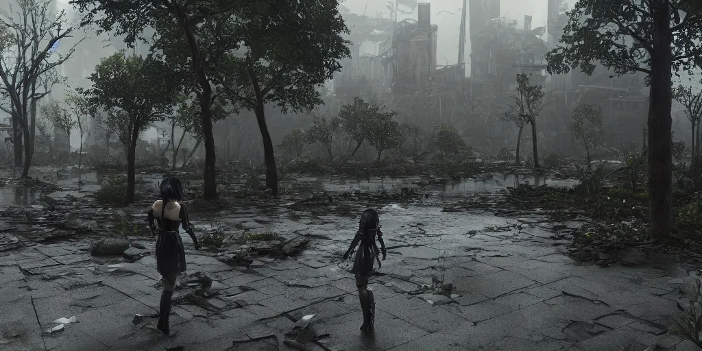 Image similar to nier automata yorha type 2 b walking in post apocalyptic flooded city, city ruins rainy melancholy day, lots of trees, dense vegetation, unreal engine, cryengine, epic engine, volumetric lighting, ray tracing, rtx on, exposure, god rays, overcast, ambient lighting, blooming flowers, 3 d render, cinematic, subtle, moderate saturation