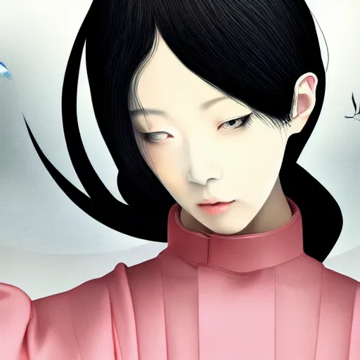 Prompt: close-up portrait of a beautiful Korean Luxurious Goddess wearing an elegant futuristic outfit posing dramatically in the art style of Hayao Miyazaki, rule of thirds, fair complexity, 4k quality