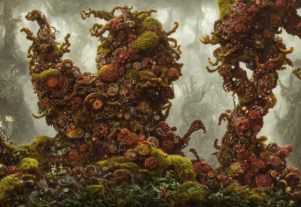 Prompt: illustrationand highly detailed render of a strange moss fungus and coral creature, lovecraftian, steampunk, biological, milky way environment, ultra realistic, concept art, intricate details, cheerful, highly detailed, photorealistic, octane render, 8 k, unreal engine. art by hr guger and artgerm and greg rutkowski and alphonse mucha