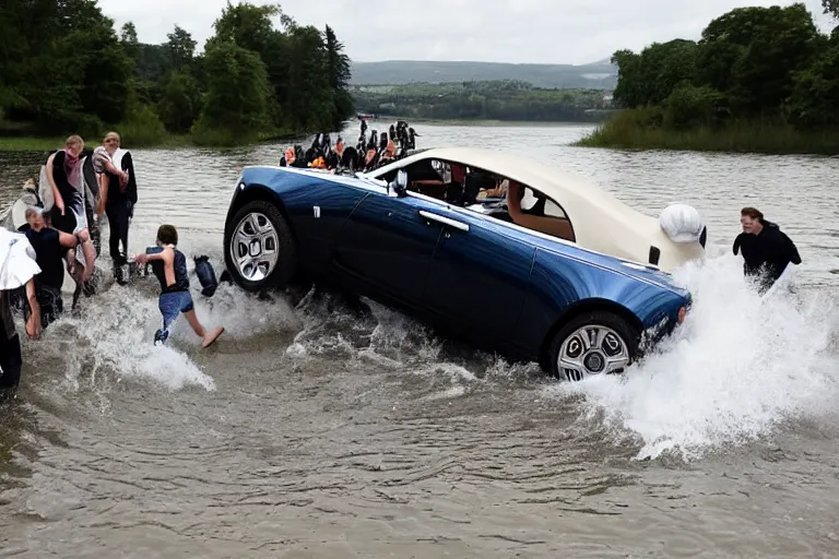 Image similar to Group of teenagers push Rolls-Royce into lake from small slide