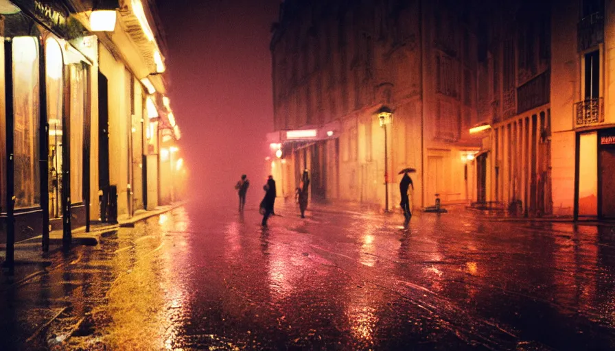 Prompt: street of paris photography, night, rain, mist, a umbrella pink, cinestill 8 0 0 t, in the style of william eggleston