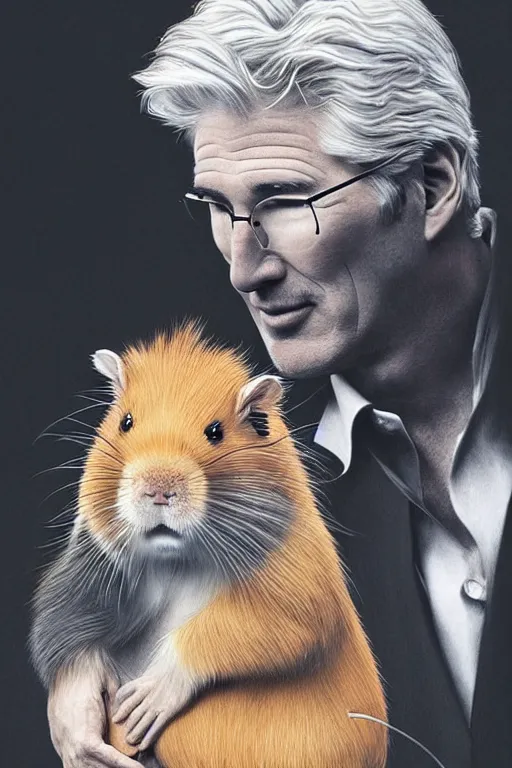 Prompt: richard gere poses next to a huge gerbil, highly detailed realistic portrait, digital concept art, cinematic lighting, photorealistic 8 k by artgerm and yoshitaka amano