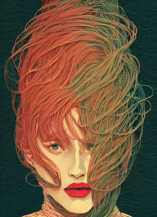 Prompt: beautiful illustration of a face made of ribbons of seaweed, in the style victo ngai and sam guay and abigail larson and moebius, vibrant moody colors, trending on artstation