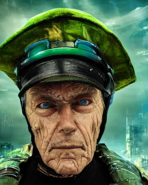 Prompt: an intimate portrait of a gnarly human cyberpunk captain, old skin, faded hat, charming, strong leader, green eyes, a look of cunning, detailed matte fantasy painting