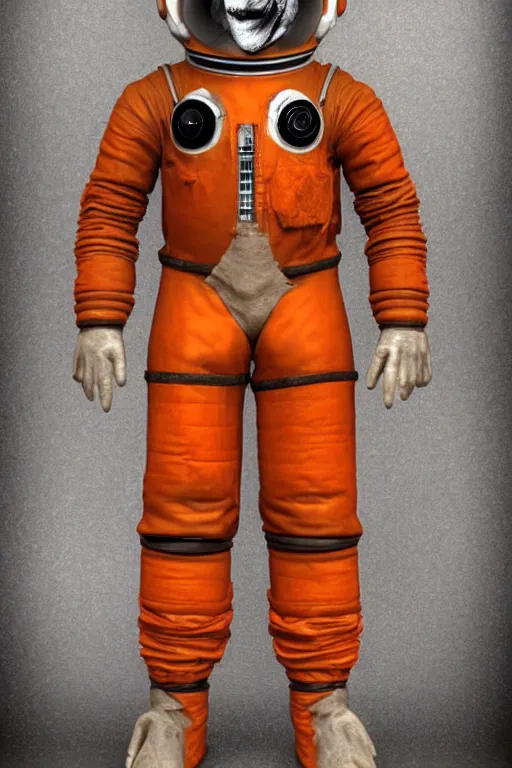 Image similar to vintage 35mm photo of an ancient mummy wearing a technical orange leather nasa spacesuit in the style of star wars and henson creature shop, cosmic, nightmare, creepy, grimy, filthy, broken, fantasy, 8k, unreal engine, octane render