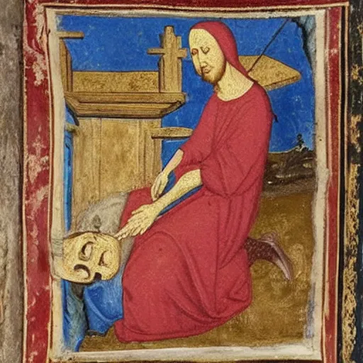 Image similar to photograph of a medieval painting of tom scott choking on a vape