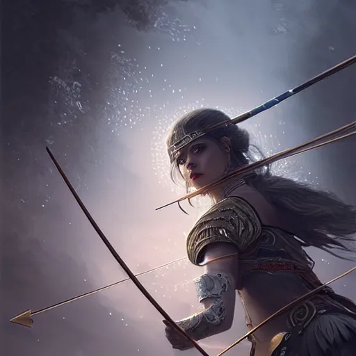 Image similar to beautiful extremely detailed intricate concept art depicting an archer by wlop. shining jewelry. grey atmosphere. particles in the background.