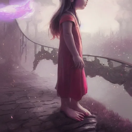 Image similar to a cute little girl waiting on the bridge of heaven and watching the hell, magical world, by greg rutkowski, sung choi, photo realistic, 8 k, cinematic lighting, hd, atmospheric, hyperdetailed, trending on artstation, devainart, digital painting, glow effect