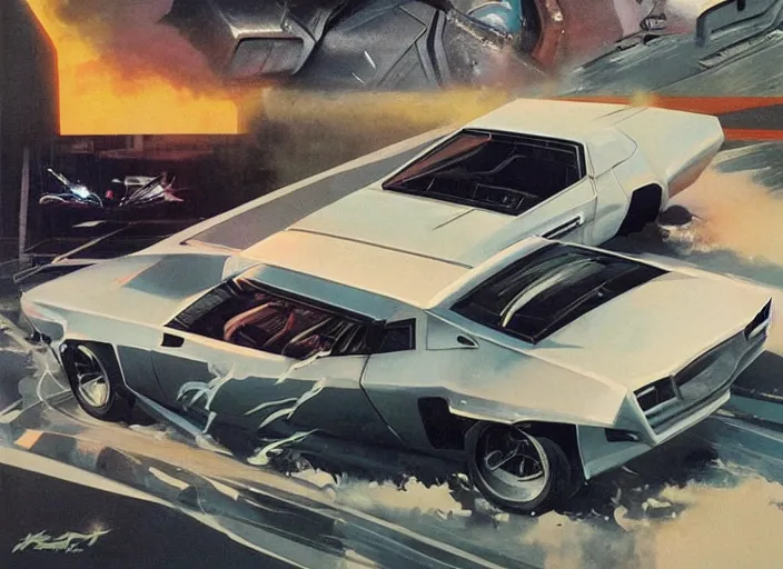 Image similar to ( ( ( ( ( 1 9 8 2 pontiac trans am, car concept art, sci - fi illustration, painting, in the style of speed racer ) ) ) ) ) by vincent di fate and john berkey and knight rider!!!!!!!