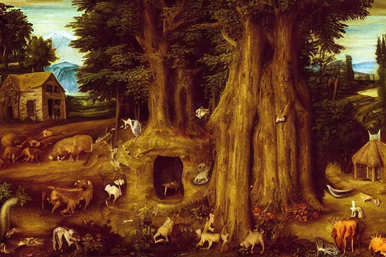 Image similar to a mistic fa forest with many animals, with a old house, in entrance of the house and old woman rocking in a rocking chair.renaissance painting style.high detail painting