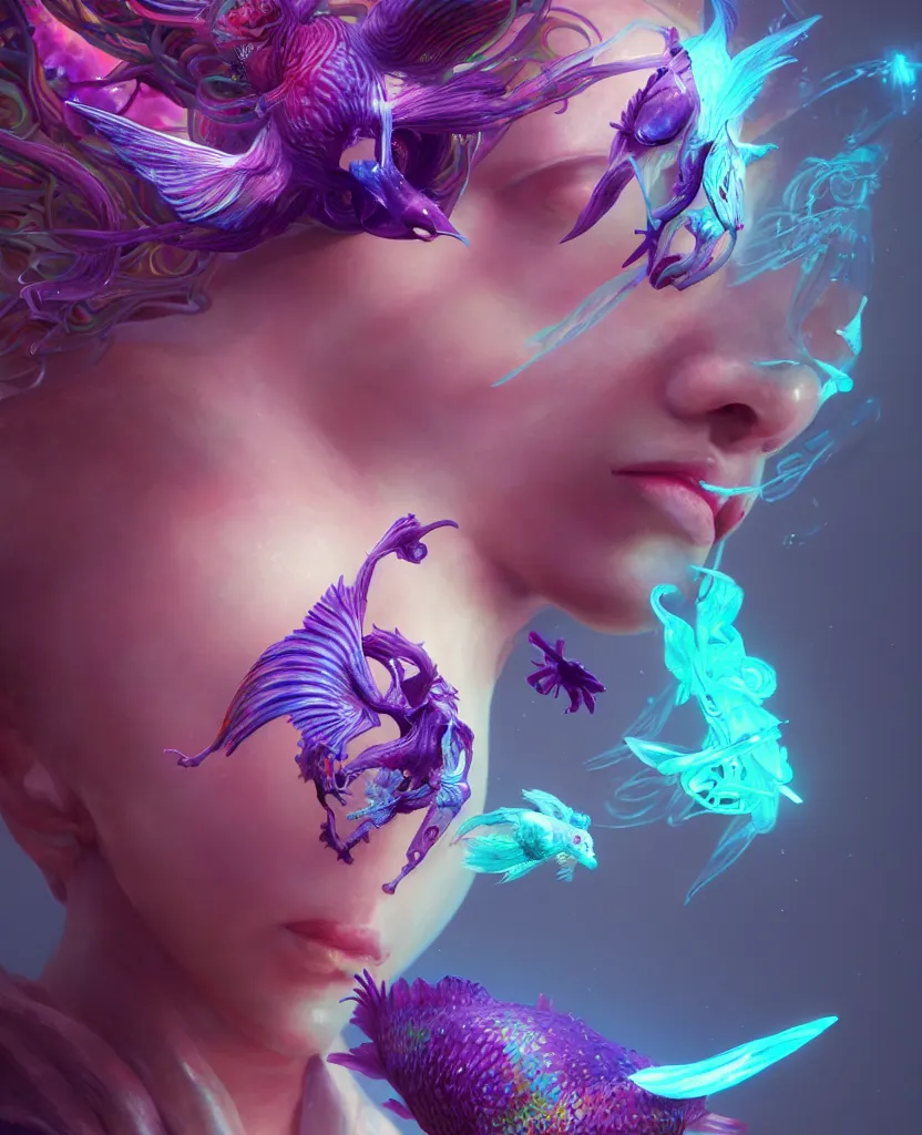 Image similar to goddess full color painted acryllic sculpture close-up portrait. orchid bird phoenix head, nautilus, skull, betta fish, bioluminiscent creatures, intricate artwork by Tooth Wu and wlop and beeple. octane render, trending on artstation, greg rutkowski very coherent symmetrical artwork. cinematic, hyper realism, high detail, octane render, 8k