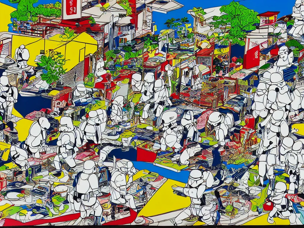 Prompt: detailed close - up image of the japanese home with a garden, stormtroopers in hot springs, pop - art style, jacky tsai style, andy warhol style, roy lichtenstein style, rich palette, acrylic on canvas