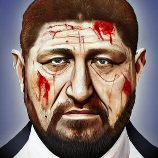 Image similar to ramzan kadyrov became bloody ugly puppet of putin, photo - realistic, color image, 2 k, highly detailed, bodyhorror, occult art