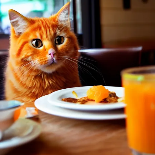 Image similar to a fluffy orange cat eating breakfast at a diner, 4k.