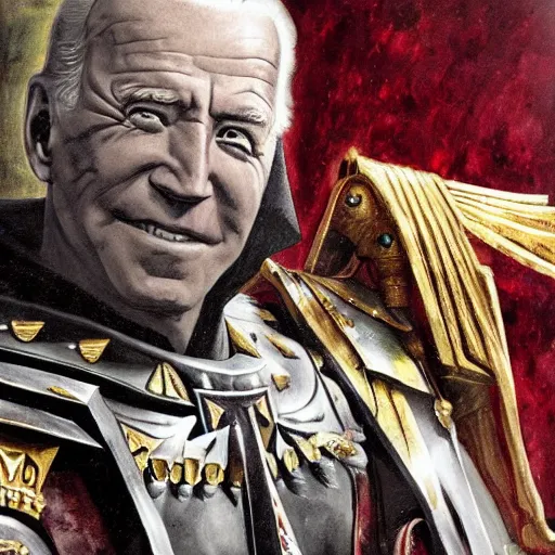 Image similar to joe biden as the emperor of mankind from warhammer 4 0, 0 0 0, warhammer 4 0 k, decrepid on a throne, portrait