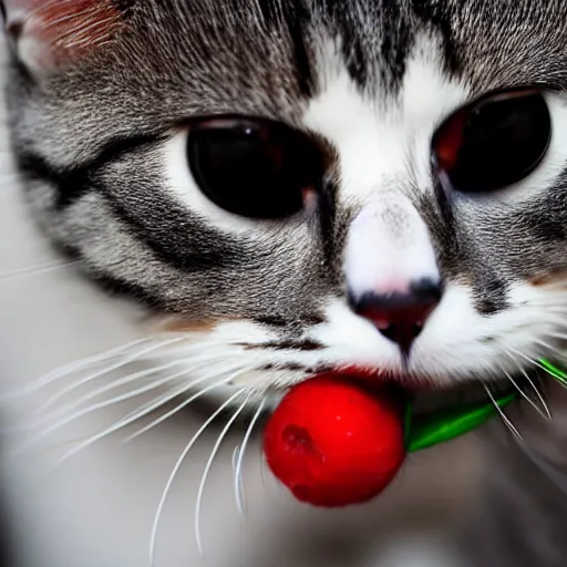 Prompt: cctv footage of a cat eating berries. close up. caught on camera