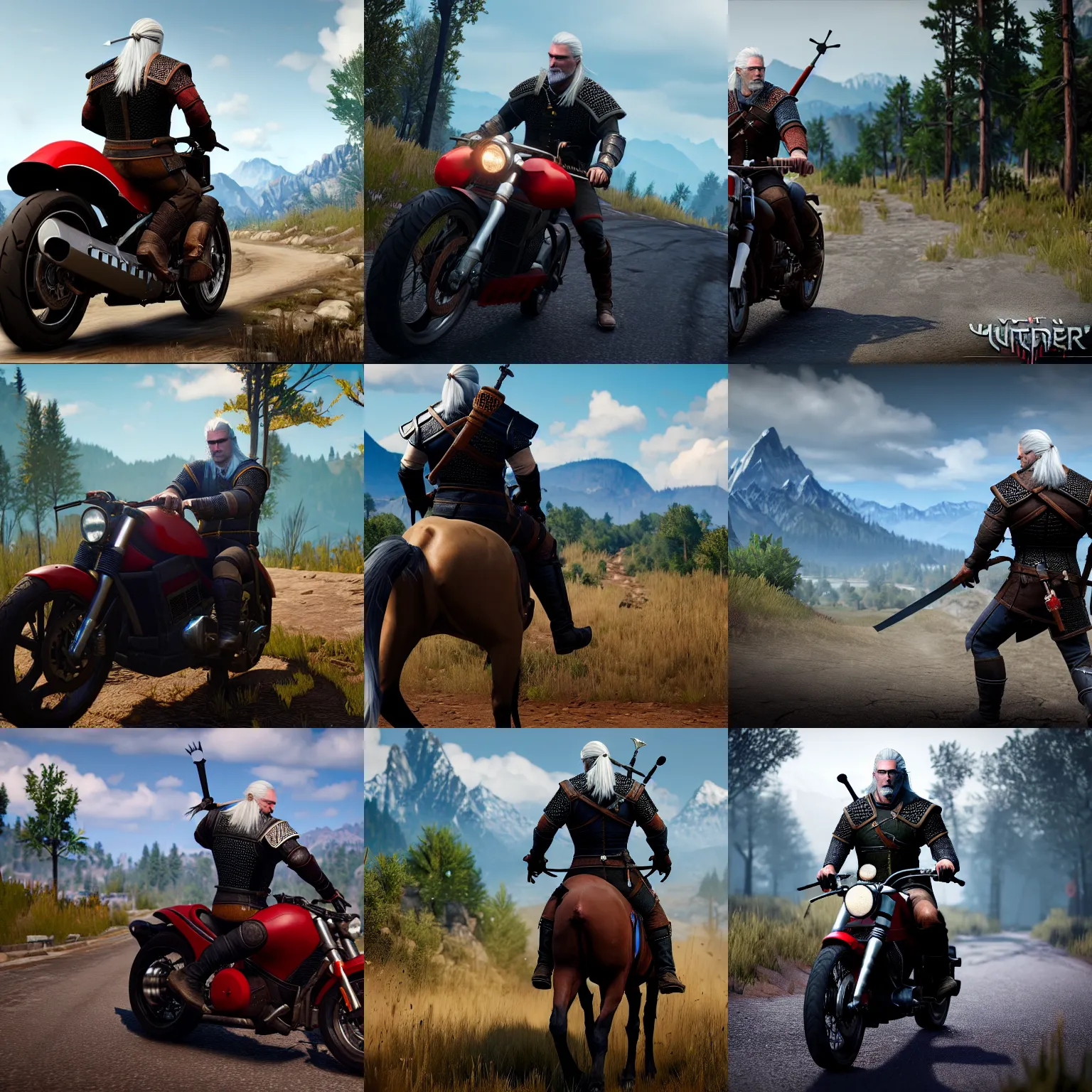 Prompt: geralt from witcher 3 rides red sports bike, 4 k, hyperrealistic, unreal engine