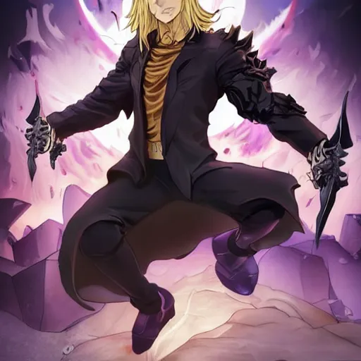 Image similar to A professional studio composition of Lucifer, ruler of Inferno, capital sin of Pride, has extra-light natural blonde hair, has a sophisticated well rounded face, has good bone structure, has bright glowing eyes as LEDs, has a Lean Body and porcelain looking skin, is attractive and good looking, tall, invincible, triumphant stance over the remains of Heaven, poses as a JoJo character, by Michelangelo and Caravaggio, Alphonse Mucha, Michael Whelan, William Adolphe Bouguereau, John Williams Waterhouse, and Donato Giancola, Dark Fantasy mixed with Socialist Realism, exquisite art, art-gem, dramatic representation, hyper-realistic, atmospheric scene, cinematic, trending on ArtStation, photoshopped, deep depth of field, intricate detail, finely detailed, small details, extra detail, attention to detail, detailed picture, symmetrical, high resolution, 3D model, PBR, path tracing, volumetric lighting, golden hour, oil painting, 8k, 4k, high resolution, unreal engine 5, octane render, arnold render, Studio 4°C, 3-point perspective, polished, complex, stunning, breathtaking, awe-inspiring, award-winning, ground breaking, concept art, nouveau painting masterpiece, IMAX quality