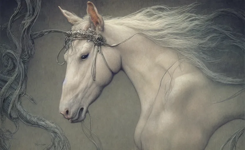 Image similar to horse rabbit hybrid character portrait by jean delville, tom bagshaw, brooke shaden, gustave dore and marco mazzoni, studio ghibli style, high fantasy, detailed fur, intricate details