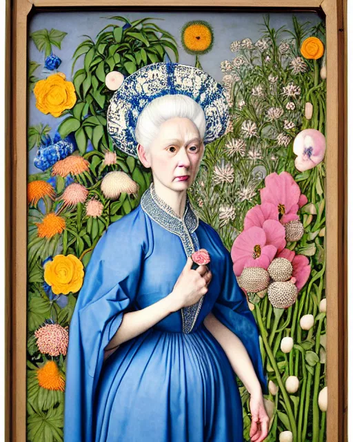 Image similar to portrait of a woman with white hair, wearing a plastic blue dress, standing in a room full of plants and flowers, white background, intricate details, high detail, in the style of rogier van der weyden and jacopo da pontormo, by mark ryden, punk, asian art,