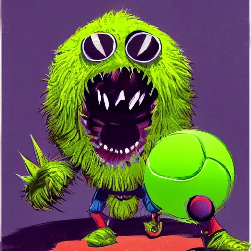 Image similar to a tennis ball monster ,tennis ball, colorful, Indiana jones, digital art, fantasy, magic, trending on artstation, ultra detailed, professional illustration by Basil Gogos