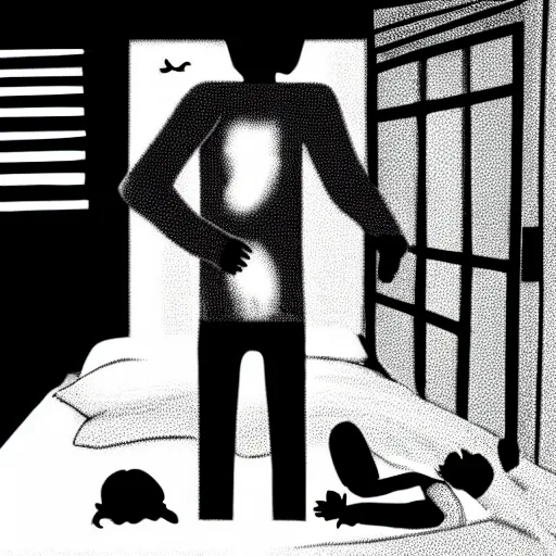 Image similar to a tall black silhouette of a person menacingly standing in front of a person sleeping in bed at a person sleeping in bed