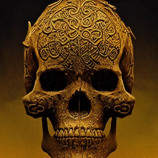 Image similar to a golden runic skull intricately decorated with ancient runic inscriptions and prophecies. dark ominous chiaroscuro baroque still life style. dramatic ray of light, ultra detailed, unreal engine 5 by beksinski, wayne barlowe, billelis. ominous dark background. weirdcore