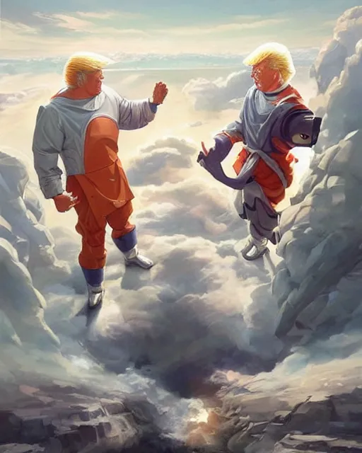 Image similar to donald trump and san goku facing each other off dressed in spaceship pilot dresses shaking hands, portrait, illustration, rim light, top light, perfectly shaded, spring time, slight overcast lighting, soft painting, art by krenz cushart and wenjun lin