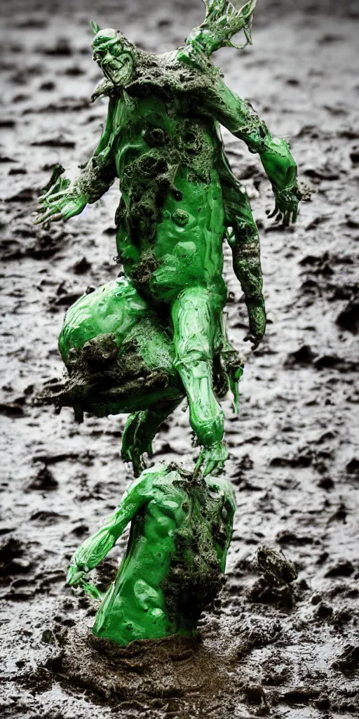 Prompt: bootleg figure of a plastic green acid hedorah diorama drowning in the mud water, secondhand, rain stormcloud, mcfarlane, cursed photography, middle shot