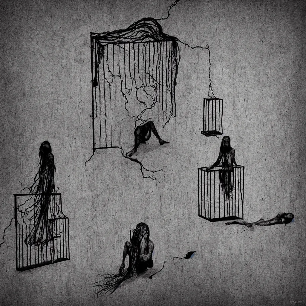 Prompt: you are your own prison. artwork, surrealist, metaphysical, metaphorical, ephemeral, atmospheric, symbolic art.