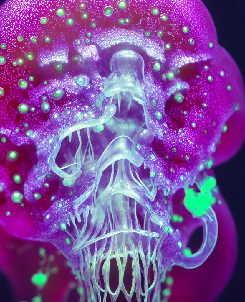 Image similar to close-up portrait. dichroic orchid jellyfish skull, betta fish, bioluminiscent creatures, intricate artwork by Tooth Wu and wlop and beeple. octane render, trending on artstation, greg rutkowski very coherent symmetrical artwork. cinematic, hyper realism, high detail, octane render, 8k