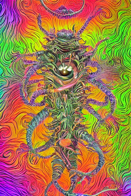 Image similar to creature sushi roots cactus elemental flush of force nature micro world fluo light deepdream a wild amazing steampunk baroque ancient alien creature, intricate detail, colorful digital painting radiating a glowing aura global illumination ray tracing