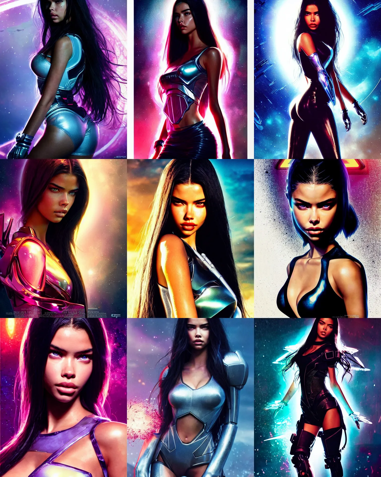 Prompt: sci - fi movie poster portrait photo of madison beer, adriana lima : : as transformers woman by weta, marvel : : by greg rutkowski, wlop, ilya kuvshinov, rossdraws, artgerm, leeloo, rave makeup, vogue magazine cover, unreal engine, sweaty, glitter, pearlescent, morning, disney, : :