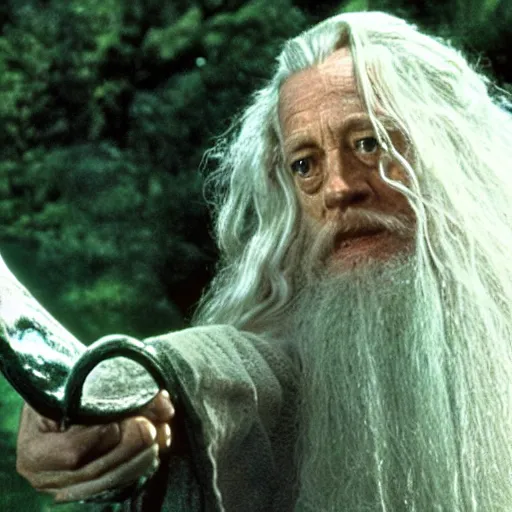 Prompt: A Still of Patrick McGoohan as Gandalf in The Lord of the Rings (2001), full-figure