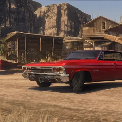 Prompt: 4 door 1 9 6 7 chevrolet impala in red dead redemption 2