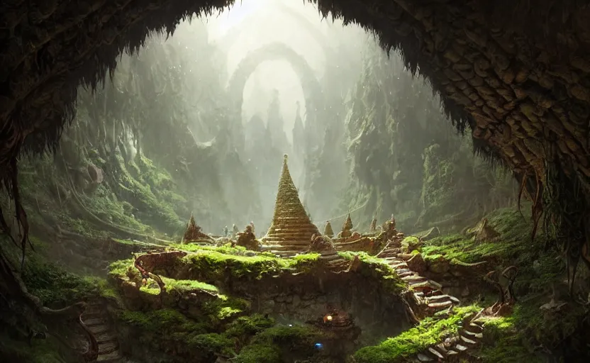 Image similar to worm's eye view of a elven headquarters carved inside a mountain, above lush garden and hot spring, well maintained, well lived, fantasy genre, natural light, fantasy, natural light, sharp focus, concept art, by greg rutkowski and craig mullins, cozy atmospheric and cinematic lighting, trending on artstation