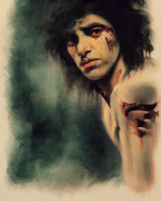 Prompt: a beautiful but sinister ethnically ambiguous young man in layers of fear, with haunted eyes and wild hair, 1 9 7 0 s, seventies, woodland, a little blood, moonlight showing injuries, delicate embellishments, painterly, offset printing technique, by brom, robert henri, walter popp