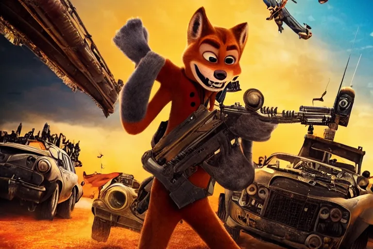 Image similar to nick wilde, heavily armed and armored facing down armageddon in a dark and gritty reboot from the makers of mad max : fury road : witness me