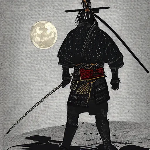 Image similar to A PORTRAIT FROM BEHIND OF A SAMURAI MAN VAGABOND WITH A MOON BEHIND HIM ,THE SAMURAI IS WRAPPED IN CHAINS ,detailed,editorial illustration, matte print, concept art, ink style , sketch , digital 2D