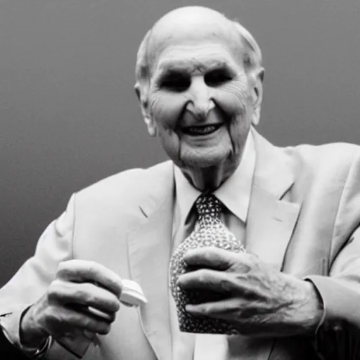 Prompt: photo of Russell M Nelson in a suit drinking coffee, fashion shoot, branding, pr shoot, pristine and clean,