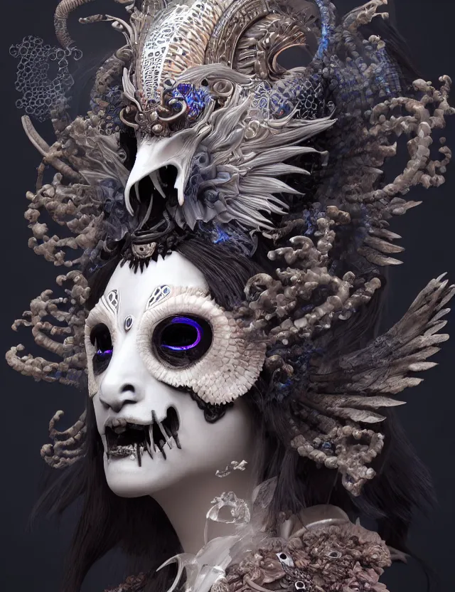 Image similar to 3 d goddess of death close - up profile portrait with ram skull. beautiful intricately detailed japanese crow kitsune mask and clasical japanese kimono. betta fish, jellyfish phoenix, bio luminescent, plasma, ice, water, wind, creature, artwork by tooth wu and wlop and beeple and greg rutkowski