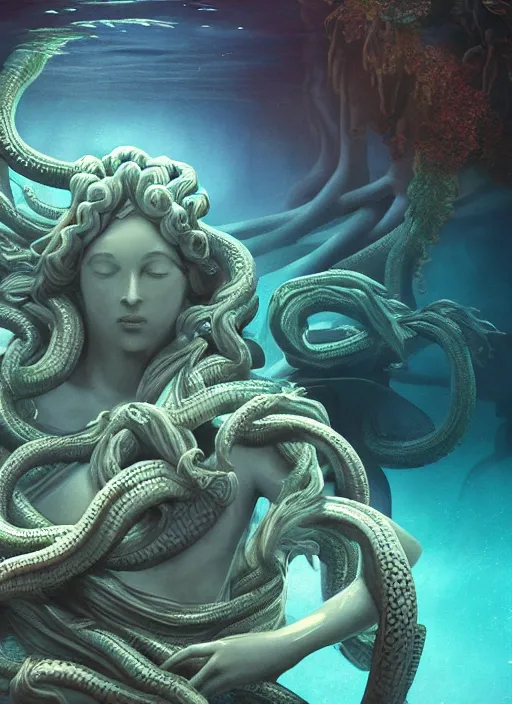 Image similar to confluence of aquatic wild life, medusa statue underwater. magical, epic, particles, compute shader, underwater, fantasy, painting, detailed, paid artwork, portfolio, epic lighting