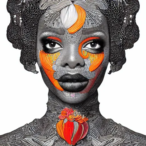 Image similar to the portrait of a beautiful and elegant young black woman made up of peppers, an ultrafine detailed illustration by james jean, intricate linework, bright colors, final fantasy, behance contest winner, vanitas, angular, altermodern, unreal engine 5 highly rendered, global illumination, radiant light, detailed and intricate environment