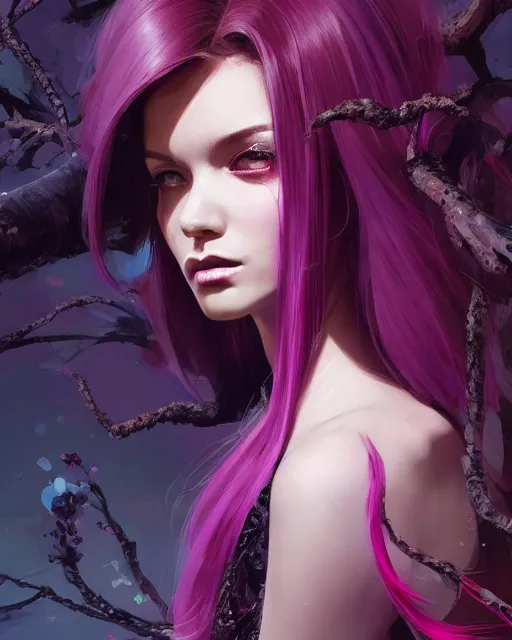 Prompt: a highly detailed digital art of A beautiful woman, with medium length magenta hair covering an eye, and a tall tree, and large obsidian crystals, cinematic lighting, dramatic atmosphere, by Dustin Nguyen, Akihiko Yoshida, Greg Tocchini, Greg Rutkowski, Cliff Chiang, 4k resolution, trending on artstation