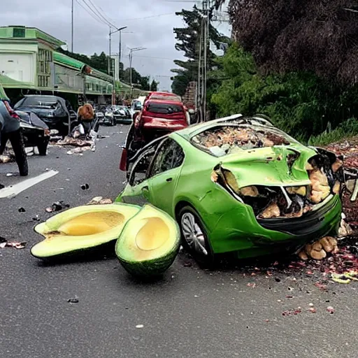 Prompt: photo of an avocado truck accident that overturned and spilled tons of avocados on the road, people walking around and picking up avocados from the road