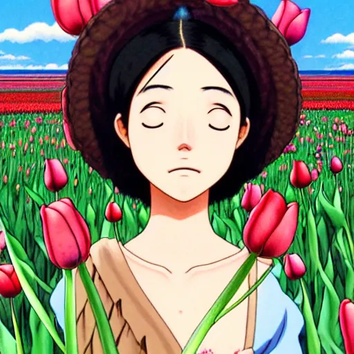 Image similar to beautiful dark skin mexican woman, dancing in a field of tulips and baby's breath, septum piercing and nose ring, prominent cheek bones, black hair and brown eyes, studio ghibli art style, art by hayao miyazaki, makoto shinkai